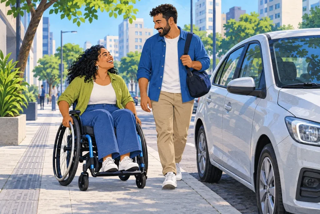 Ilustração de passageira em cadeira de rodas e acompanhante ao lado de um veículo estacionado.