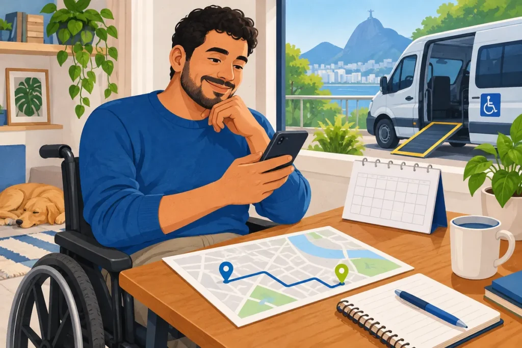 Ilustração de passageiro organizando uma solicitação de transporte com celular, calendário e mapa.