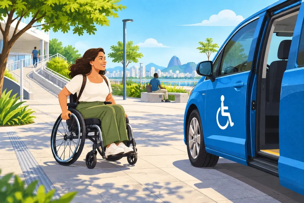 Ilustração de mulher em cadeira de rodas em um percurso amplo próximo a um veículo acessível.