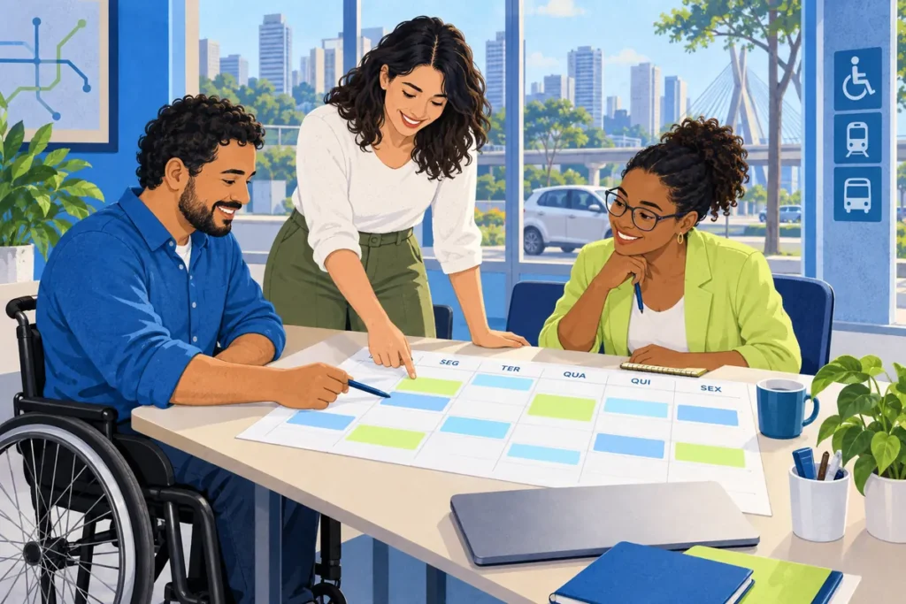 Ilustração de profissionais, incluindo usuário de cadeira de rodas, planejando uma agenda de deslocamentos.