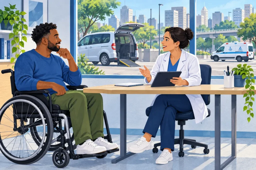Ilustração de usuário de cadeira de rodas conversando com profissional de saúde sobre opções de transporte.