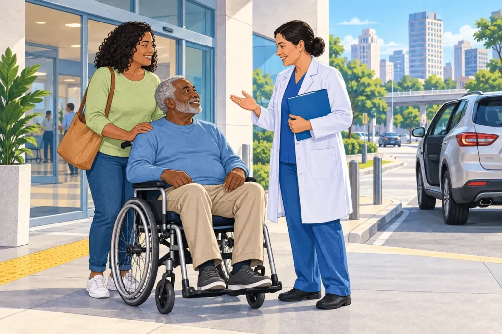 Ilustração de pessoa em cadeira de rodas e familiar conversando com profissional de saúde na saída de um hospital.