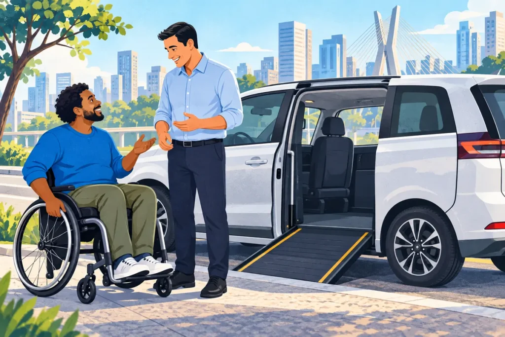 Ilustração de passageiro em cadeira de rodas conversando ao lado de um veículo adaptado.