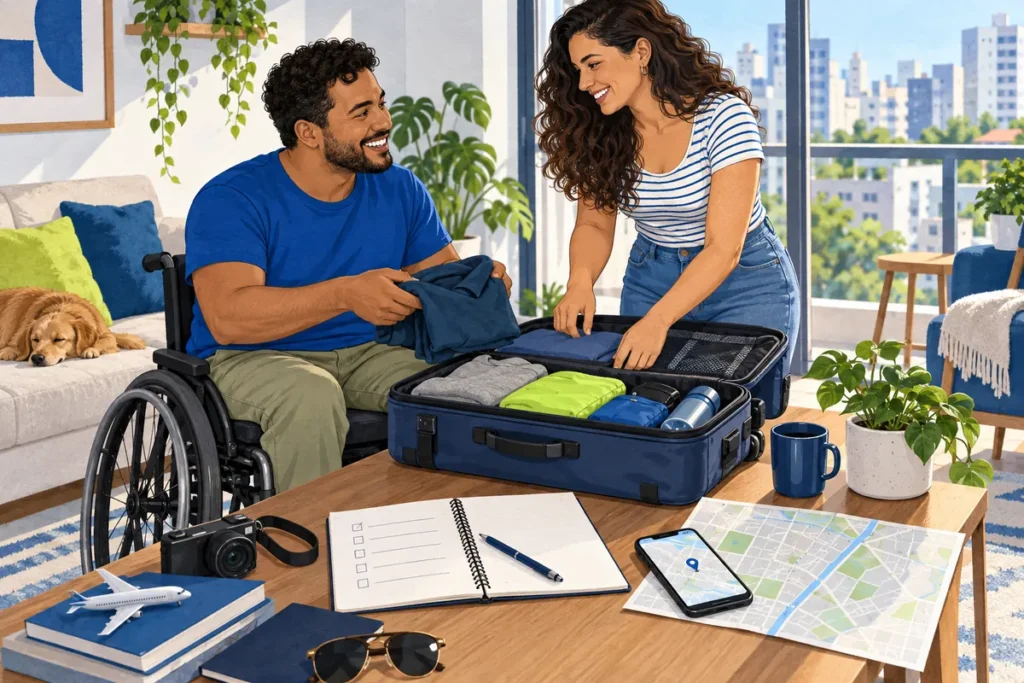 Ilustração de passageiro e acompanhante organizando mala e checklist para uma viagem.